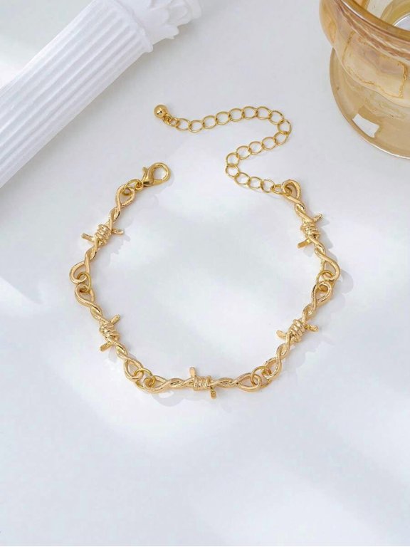 Golden Twist Barbed Wire Motif Chain Bracelet For Women, Delicate Alloy Jewelry With Lobster Clasp