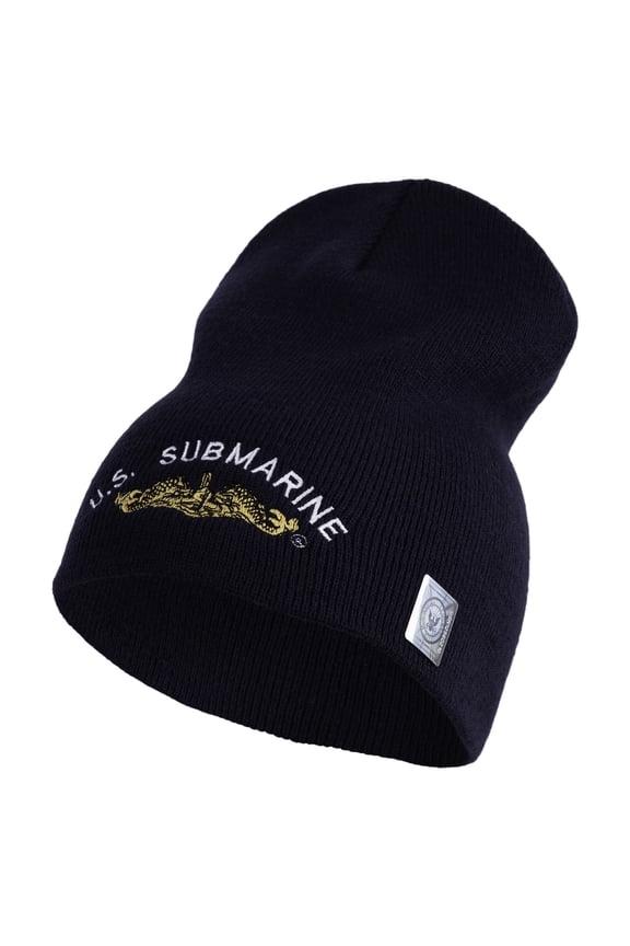 Golden US Submarine Symbol Embroidered Heavyweight Classic Knit YP Short Beanie - Navy OSFM