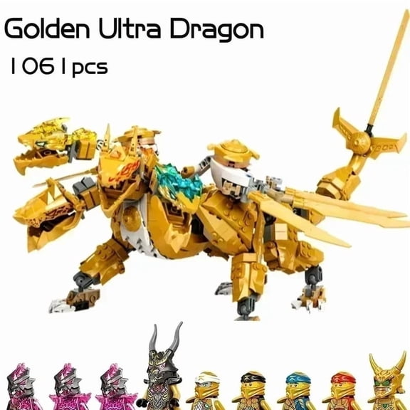 Golden Ultra Dragon Building Blocks, Tetraposaurus Four-headed Dragon Bricks Model, Assembly Toy for Birthday Gifts