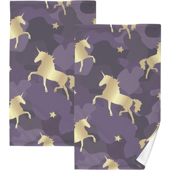 Golden Unicorn Silhouette Patterned Hand Towels 2 PCS, Cotton Bath Towel for Drying Face Hands Body Decorative Water Absorbent Lightweight Towels for Bathroom Ktichen Travel Gym, 16"x28"