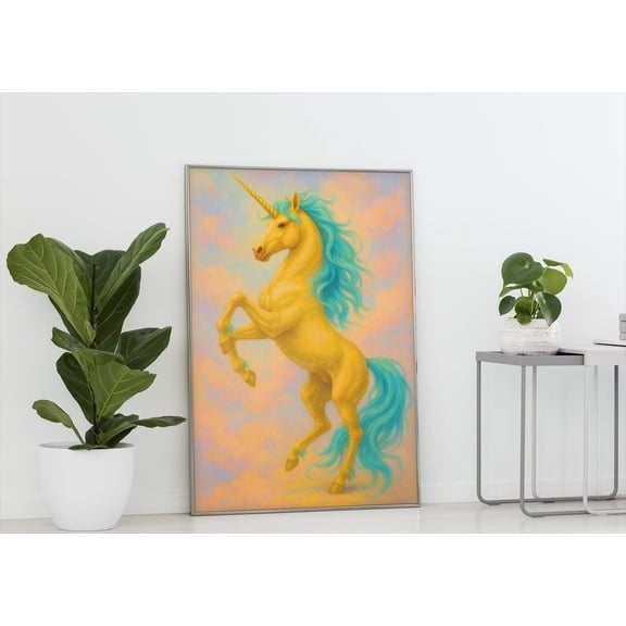 Golden Unicorn Wall Art Poster: Rearing Pastel Fantasy, Unframed Canvas Size 16x24