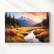 Golden Valley Sunset Glowing Stream Wall Art, Mountain Peak And Twilight Sky, Living Room And Gallery Wall Decor