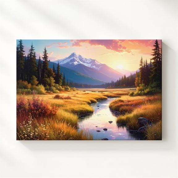 Golden Valley Sunset Glowing Stream Wall Art, Mountain Peak And Twilight Sky, Living Room And Gallery Wall Decor