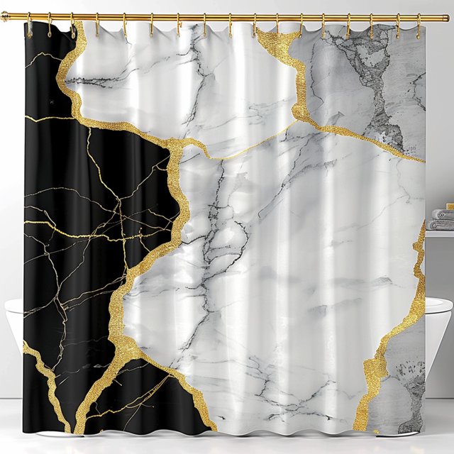 Golden Veins Of Elegance Marble Texture Shower Curtain In Black