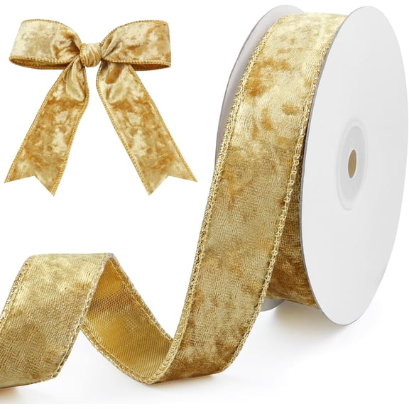 Golden Velvet Wired Ribbon 1 Inch x 10 Yards Crushed with Wired-Edge Trim for Gift Wrapping, Christmas Tree Decoration, Garland Wreaths Bows Making