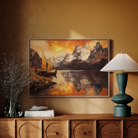Golden Viking Longship Wall Art - Scenic Mountain Lake Sunset Print Wall Art, Modern Wall Decor, 8x12 UNFRAMED