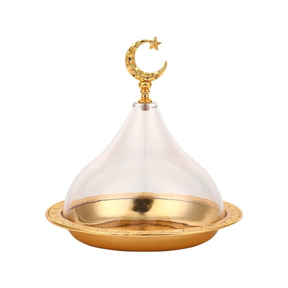 Golden Vintage Serving Platter with Clear Dome Lid for Ramadan Eid Desserts, Stainless Steel and Acrylic 6.69x5.90x5.90 Inch