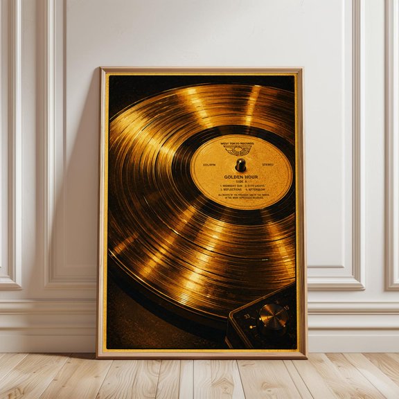 Golden Vinyl Record Wall Art Print, Retro Audiophile Art And Home Decor