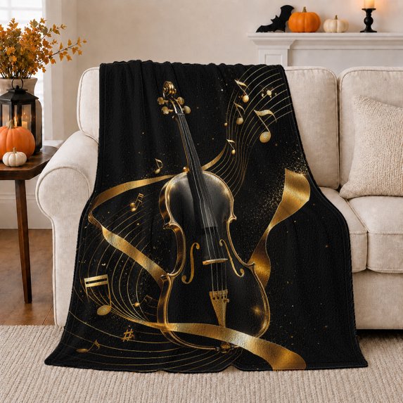 Golden Violin Musical Notes Black Art, Dramatic Celestial Art Scene, Warm Flannel Blanket for Office and Dorm, Celestial Art Lovers Graduation Gift, Artistic Home Decor
