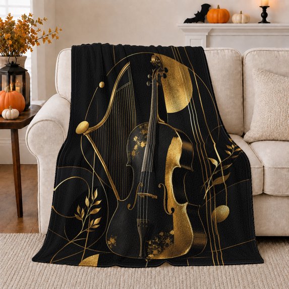 Golden Violin Musical Notes Black Elegant Artistic Musician, Cozy Artistic Scene, Warm Flannel Blanket for Office and Dorm, Teachers Graduation Gift, Artistic Home Decor