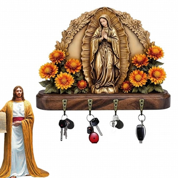 Golden Virgin Mary Key Holder – 2d Flat Our Lady Of Sacred Wall Key Holder Rustic Farmhouse Sacred Virgin Wall Art Housewarming For Family Friends Household hooks