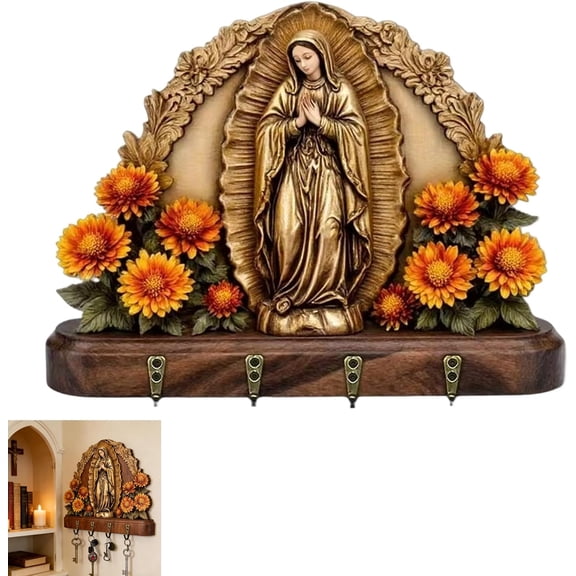 Golden Virgin Mary Key Holder,Our Lady of Guadalupe Sacred Wall Key Holder,Organizer Elegant Wall Art with Purpose,Christian Mounted with 2D Praying Mary Art,Religious Farmhouse Entryway Decor (1pcs)