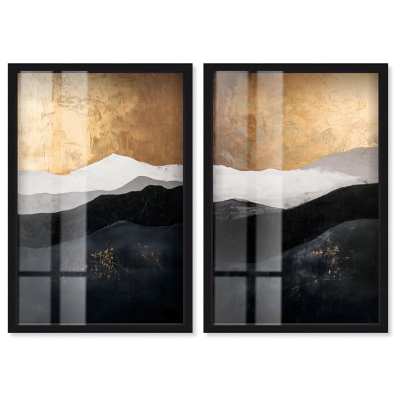 Golden Vista Duo Shadowbox Print Boho Abstract Art Set by Art Remedy, Black Frame, 10 x 15