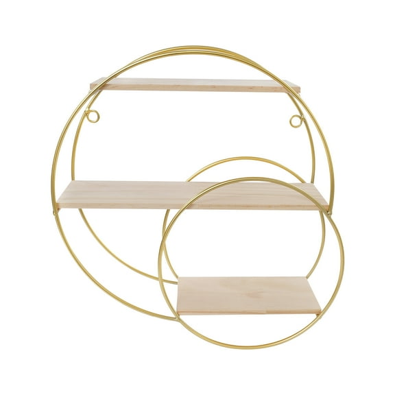 Golden Wall Shelf - 3-Tier Round Storage Rack, Modern Iron & Pine Wood Floating Shelves for Living Room, Bedroom, Kitchen Decor