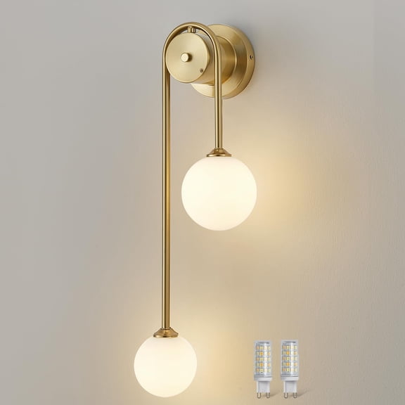 Golden Wall lamp Double Ball, mid-Century Modern Glass Wall sconces,with G9 Tricolor Bulb for Living Room Bedroom Bedside Stairs Restaurant Bathroom Corridor Aisle Lighting