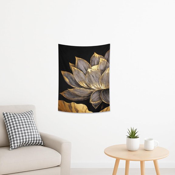 Golden Water Lily Flower Wall Tapestry, Black and Gold Elegant Decorative Hanging Art for Living Room, Bedroom, Dorm, 30 x 40 Inch