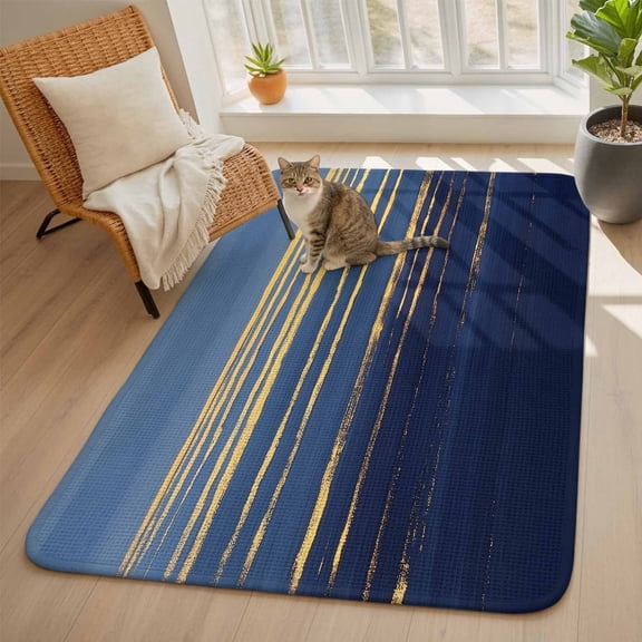 Golden Water Ripple Area Rugs for Living Room 5x6, Dark Blue Ocean Abstract Sunrise Sunset Washable Area Rug with Non Slip Backing, Stain Resist Carpet for Bedroom, Dining Room, Entryway, Entrance