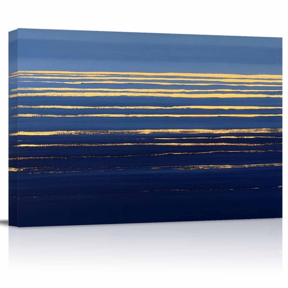 Golden Water Ripple Canvas Print Wall Art Dark Blue Ocean Abstract Sunrise Sunset Pictures Painting Morden Artwork for Living Room Bedroom, Ready to Hang - 12"x16"