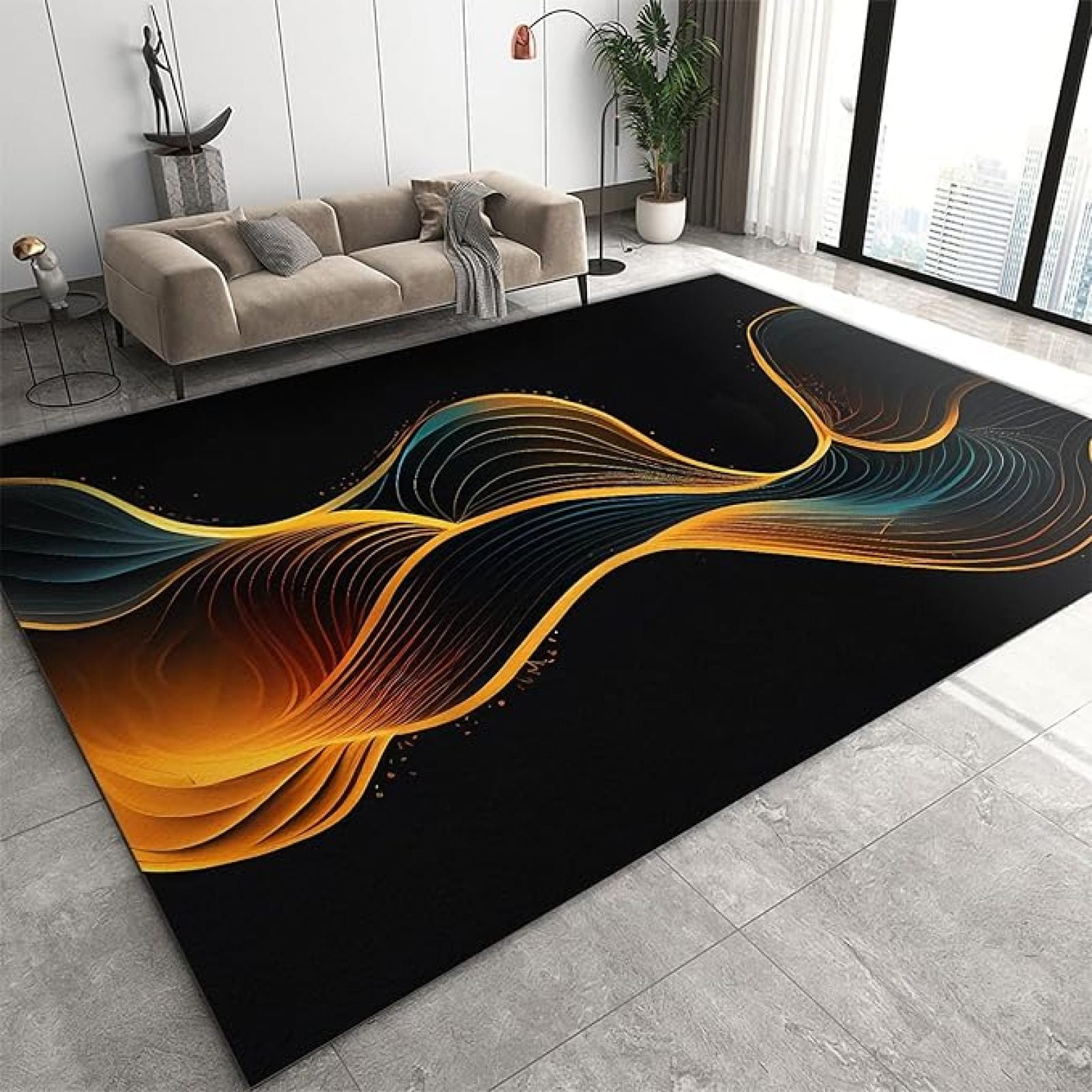 Golden Water Ripple Lines Area Rugs, Black And Gold Abstract Stripes ...