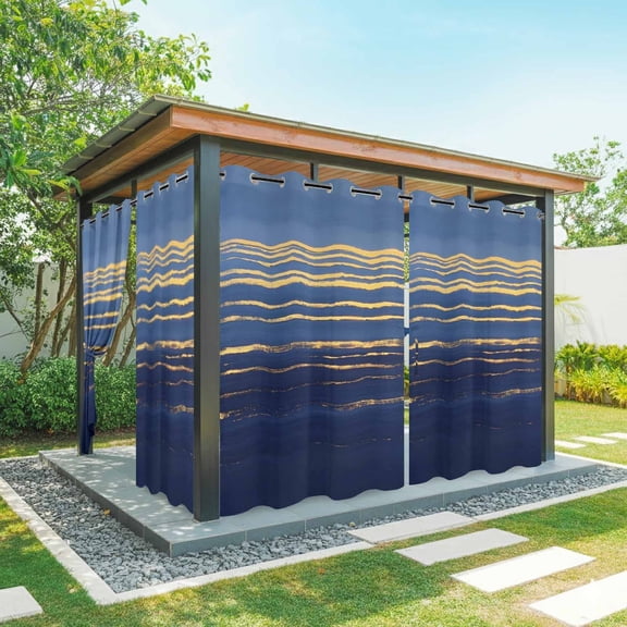 Golden Water Ripple Outdoor Curtains for Patio Waterproof, Dark Blue Ocean Abstract Sunrise Sunset Grommet Curtains for Porch Outside Privacy Drape for Gazebo Garden Pergola, 1 Panel, 54x84in