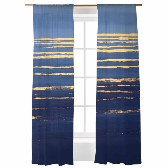 Golden Water Ripple Sheer Curtains 108 inches Long 2 Panels Set Dark Blue Ocean Abstract Sunrise Sunset Sheer Window Curtain Rod Pocket Voile Drapes for Living Room/Bedroom, Each 52" W x 108" L