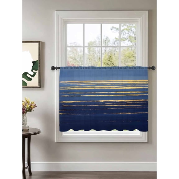 Golden Water Ripple Sheer Curtains 45 Inch Long 1 Panel Dark Blue Ocean Abstract Sunrise Sunset Rod Pocket Voile Cafe Curtains Light Filtering Small Window Treatments for Kitchen Basement 52" x 45"