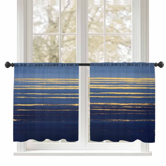 Golden Water Ripple Sheer Curtains 45 inches Long 2 Panels Set Dark Blue Ocean Abstract Sunrise Sunset Tiers Sheers Rod Pocket Small Window Short Curtains for Kitchen Cafe, Each 52" W x 45" L