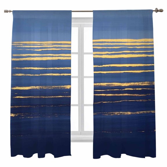 Golden Water Ripple Sheer Curtains 63 inches Long 2 Panels Set Dark Blue Ocean Abstract Sunrise Sunset Sheer Window Curtain Rod Pocket Voile Drapes for Living Room/Bedroom, Each 52" W x 63" L