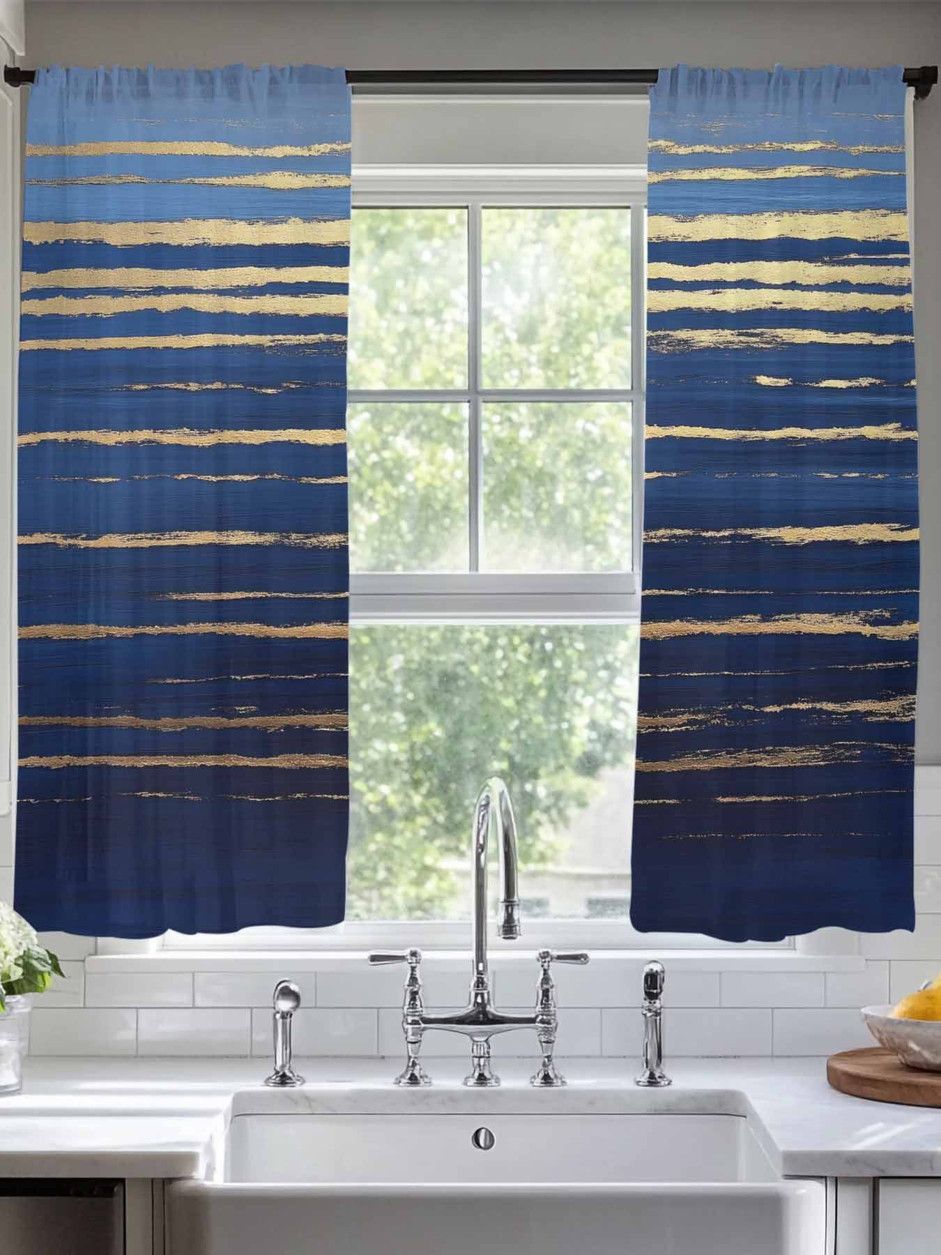Golden Water Sheer Curtains 63 Inches Long 2 Panels Ripple Blue Ocean ...