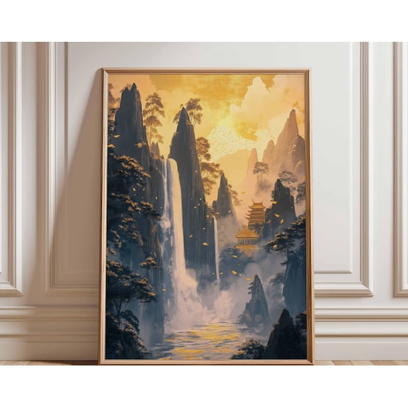 Golden Waterfall Asian Mountain Wall Art Print