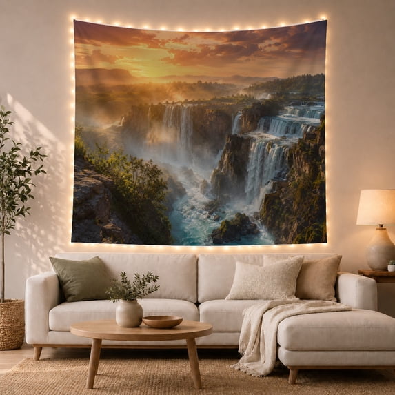 Golden Waterfall Over Rocky Cliffs under Orange Sky, Serene Digital Art for Nature Lovers, Sunset Decor, Housewarming Gift, Tapestry Wall Hanging for Bedroom and Living Room