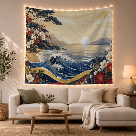 Golden Wave Beside Pine Cliff at Sunrise, Dramatic Illustration for Ocean Lovers, Coastal Floral Art, Housewarming Gift, Tapestry Wall Hanging for Bedroom and Living Room