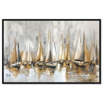 Golden Wave Boats II Canvas Coastal Classic Art by Art Remedy, Black Frame, 15" x 10"