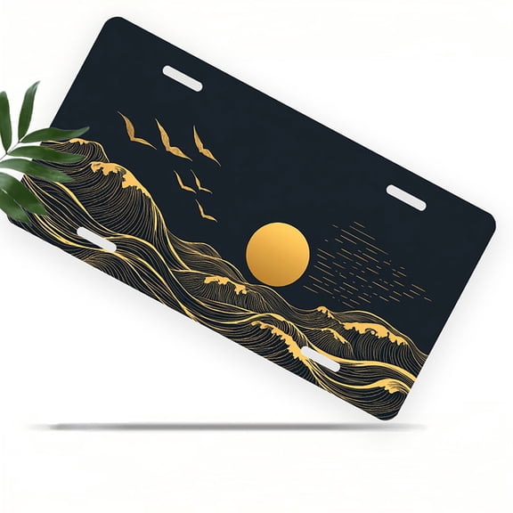 Golden Wave and Sun Front License Plate, Metal License Plate, Funny Standard Plates Personalized Novelty Decorative For Men/Women/Boys/Girls Car 6×12 Inch