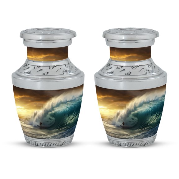 Golden Wave Surfing Memory's Miniature - Compact Keepsake for Eternal Love - Small Urn for Ashes - Funeral Urns For Human Ashes - Memorial Urns 3 Inch, Set Of 2