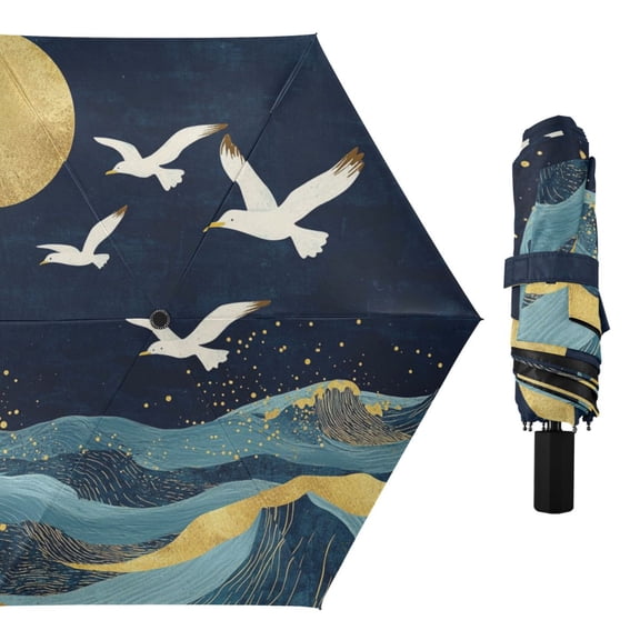 Golden Waves Full Moon Seagulls Fly All Weather Umbrella Triple Folding Parasol 6 Ribs UV Protection Portable