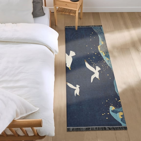 Golden Waves Full Moon Seagulls Fly Bedside Runner Rug 2'x 6' Non Slip Carpet Floor Mat Area Rug