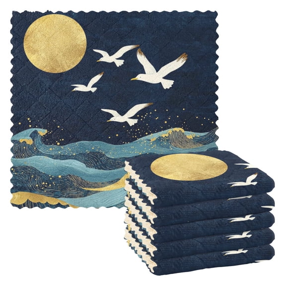 Golden Waves Full Moon Seagulls Fly Dish Cloths Dish Towels Cleaning Cloths Quick Drying Reusable 11" x 11" Set of 6
