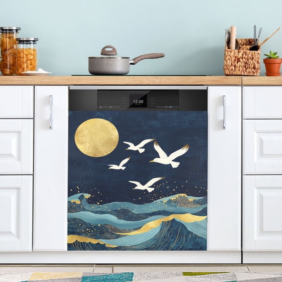 Golden Waves Full Moon Seagulls Fly Dishwasher Magnet Refrigerator Magnetic Cover Washing Machine Magnet Sticker Kitchen Decor