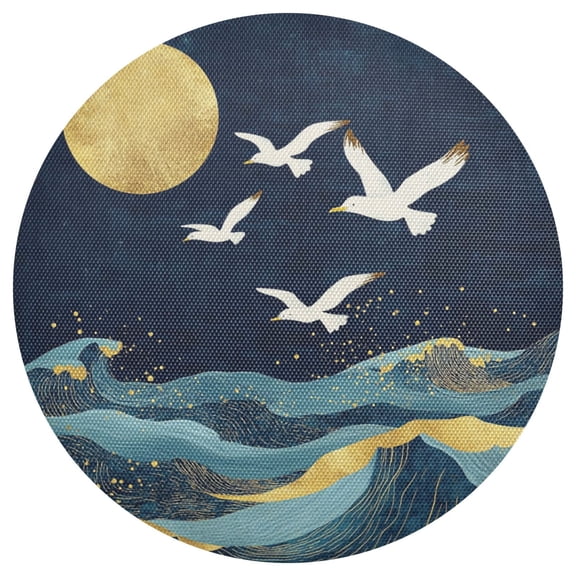 Golden Waves Full Moon Seagulls Fly PVC Round Grid Placemat Table Mat 1 Pc 15.4" x 15.4"