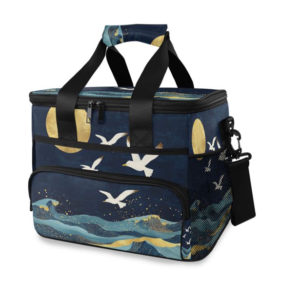 Golden Waves Full Moon Seagulls Fly Portable Cooler Lunch Box Reusable Insulated Lunch Bag Leakproof 15L
