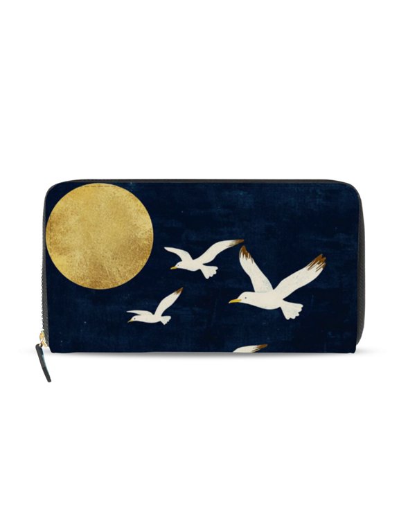 Golden Waves Full Moon Seagulls Fly Women's Long Zipper Wallet Bifold Clutch Purse PU Leather Card Cases