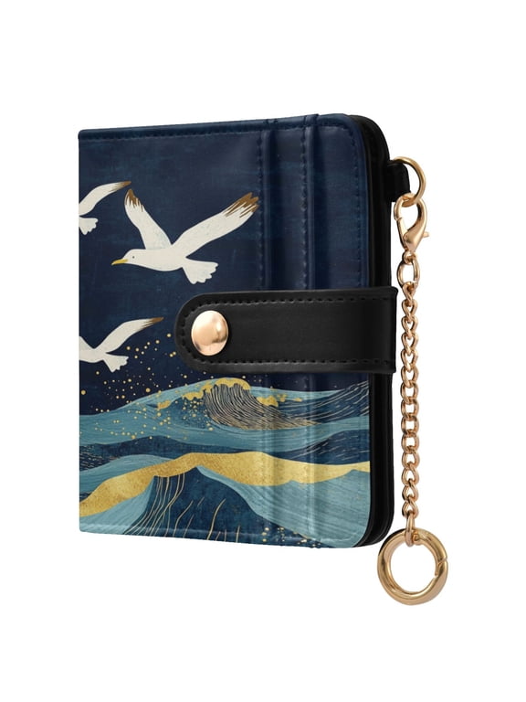 Golden Waves Full Moon Seagulls Fly Women's Wallet PU Leather Card Cases RFID Blocking Purse Billfold with Key Ring