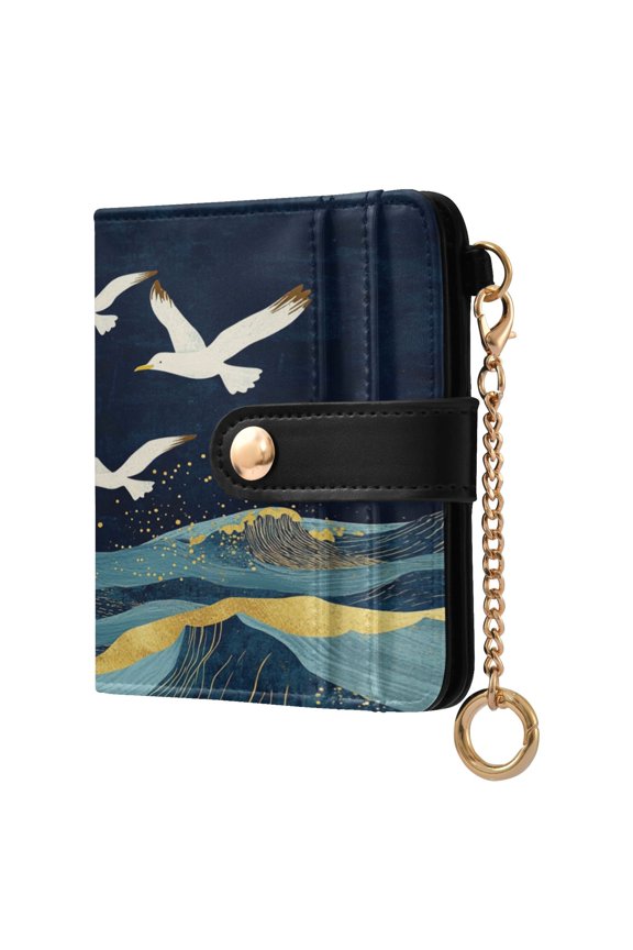 Golden Waves Full Moon Seagulls Fly Women's Wallet PU Leather Card Cases RFID Blocking Purse Billfold with Key Ring