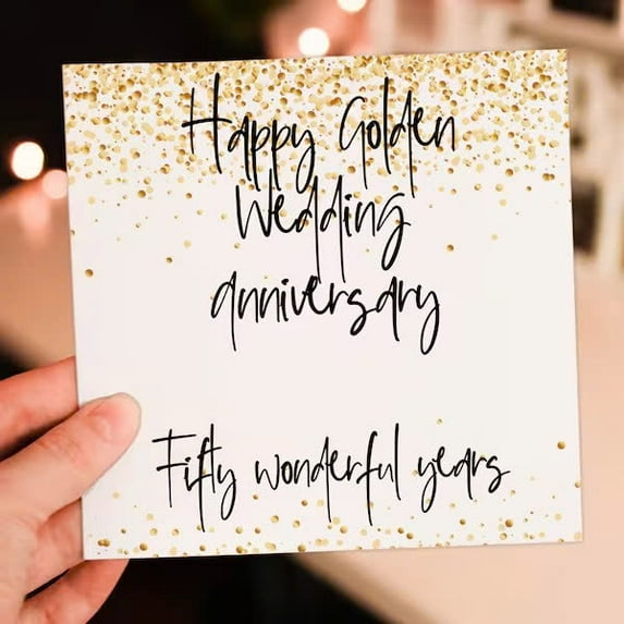 Golden Wedding Anniversary Card – “Happy Golden Wedding Anniversary” – Celebrating Fifty Wonderful Years – Elegant Glitter Design, Blank Inside