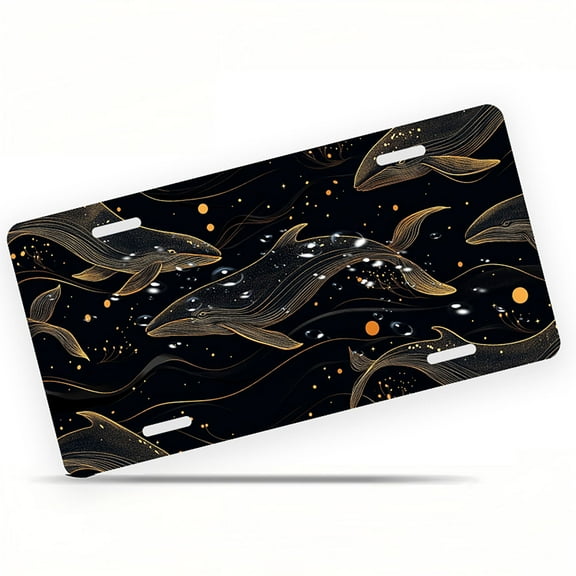 Golden Whales in Space Funny Personalized License Plate Rust-proof Stainless Steel Metal License Plate Suitable For Men And Women 12.2" x 6.2"