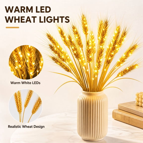 Golden Wheat Ear Light, 20 Stems of Glowing Golden Wheat for Dreamy Ambient Illumination, LED Tabletop Accent Lamp for Home Office Desk and Bookshelf, Fall Wedding and Party Decor
