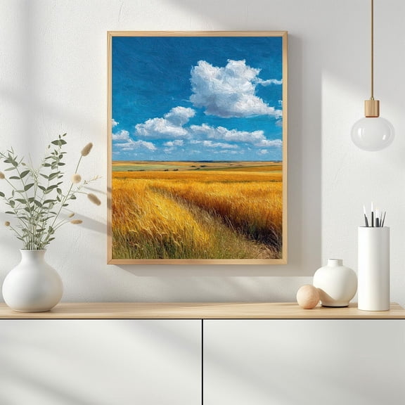 Golden Wheat Field Print Poster Wall Art Minimalist Countryside Landscape , Rustic Earthy Decor, Calm Nature Modern Art 1184, Size 12x18 UNFFRAMED F03.1.6l2535
