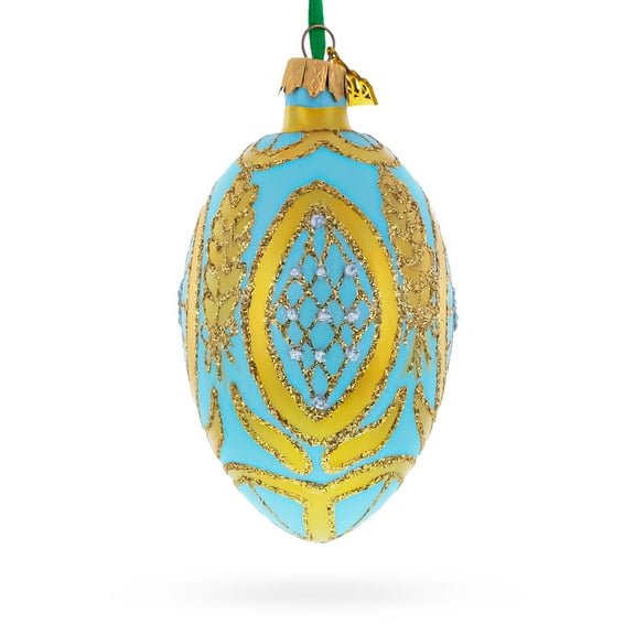 Golden Wheat on Turquoise Glass Egg Christmas Ornament 4 Inches