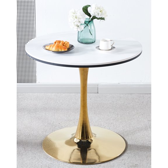Golden And White 31.5" Table - Mid-century Concept Top With Metal Leg Foundation For 2-4 Users Fashionable Style Tulip Dining Tabletop Firm Framework Seater